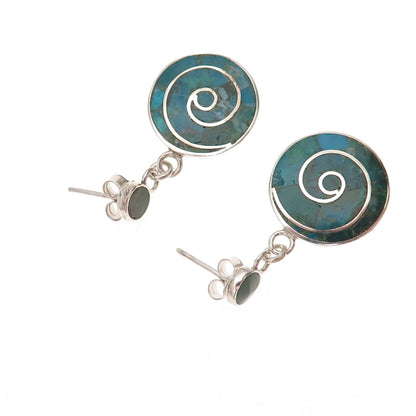 950 Silver Vintage Real Turquoise Spiral Dangle Earrings