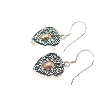 925 Sterling Silver 2-Tone Vintage Granulated Heart Oxidized Dangle Earrings