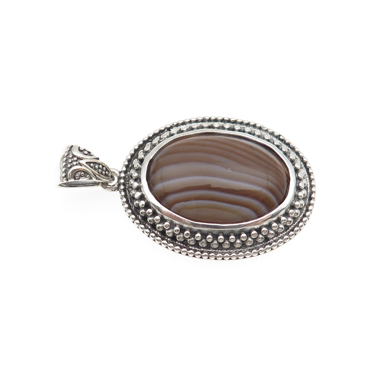 BERIA 925 Sterling Silver Vintage Real Agate Granulated Oxidized Charm Pendant