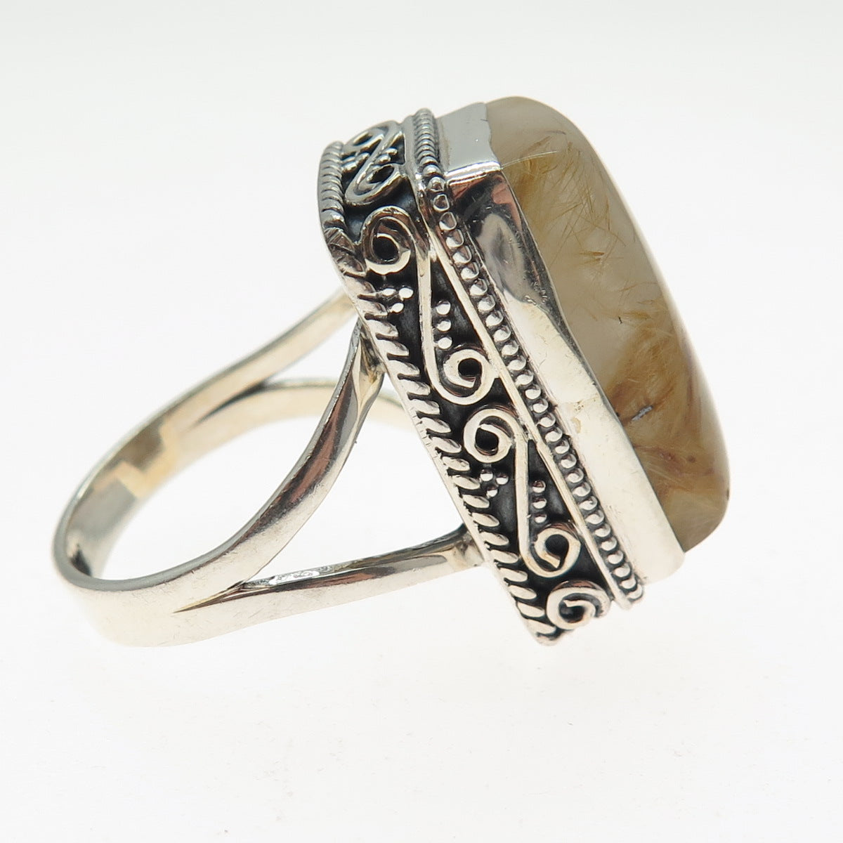 925 Sterling Silver Vintage Real Rutilated Quartz Swirl Oxidized Ring Size 8