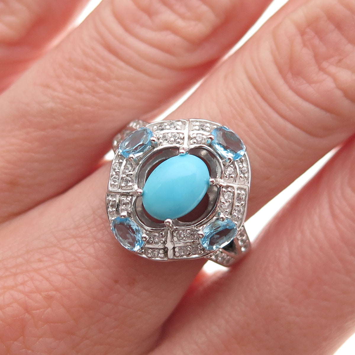 925 Sterling Silver Real Sleeping Beauty Turquoise Blue White Topaz Ring Size 8