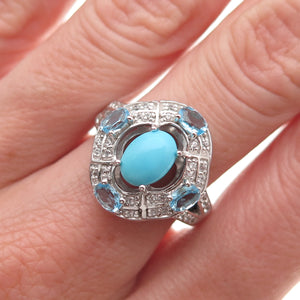 925 Sterling Silver Real Sleeping Beauty Turquoise Blue White Topaz Ring Size 8
