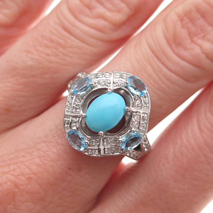925 Sterling Silver Real Sleeping Beauty Turquoise Blue White Topaz Ring Size 8