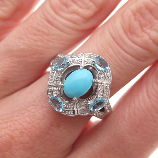 925 Sterling Silver Real Sleeping Beauty Turquoise Blue White Topaz Ring Size 8