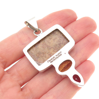 Charles Albert 925 Sterling Vintage Real Agate Citrine Garnet Modernist Pendant