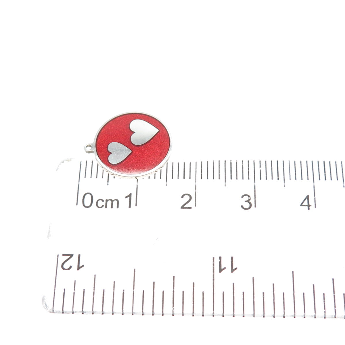 925 Sterling Silver Red Enamel Couple Heart Round Tag Minimalist Charm Pendant
