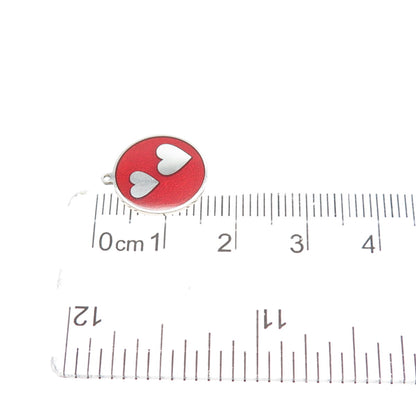 925 Sterling Silver Red Enamel Couple Heart Round Tag Minimalist Charm Pendant