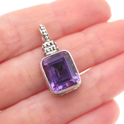 925 Sterling Silver Vintage Real Emerald-Cut Amethyst Beaded Charm Pendant