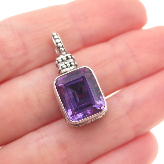 925 Sterling Silver Vintage Real Emerald-Cut Amethyst Beaded Charm Pendant
