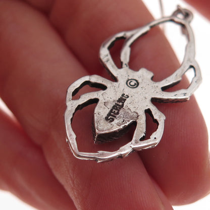 925 Sterling Silver Vintage Real Black Onyx Spider Oxidized Dangle Earrings