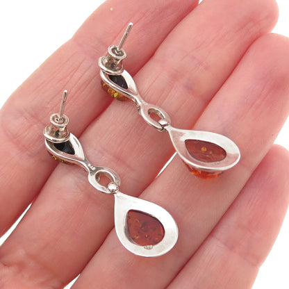 925 Sterling Silver Vintage Real Amber Modernist Teardrop Dangle Earrings