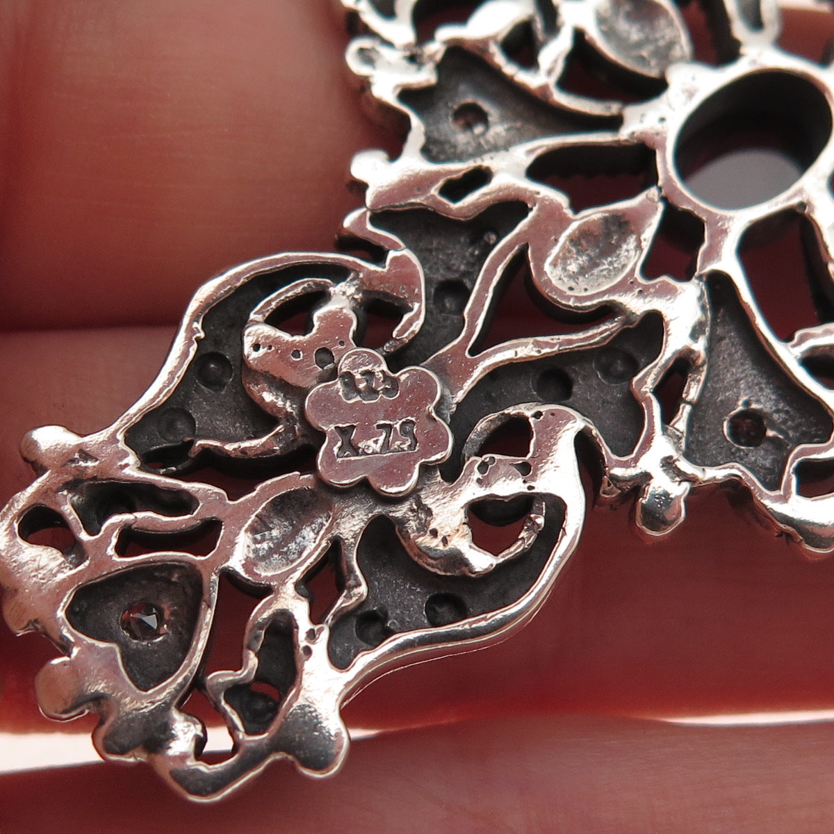 925 Sterling Silver 2-Tone Vintage Real Rhodolite & C Z Floral Cross Pendant