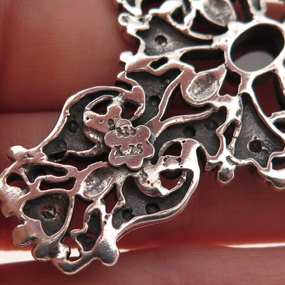 925 Sterling Silver 2-Tone Vintage Real Rhodolite & C Z Floral Cross Pendant