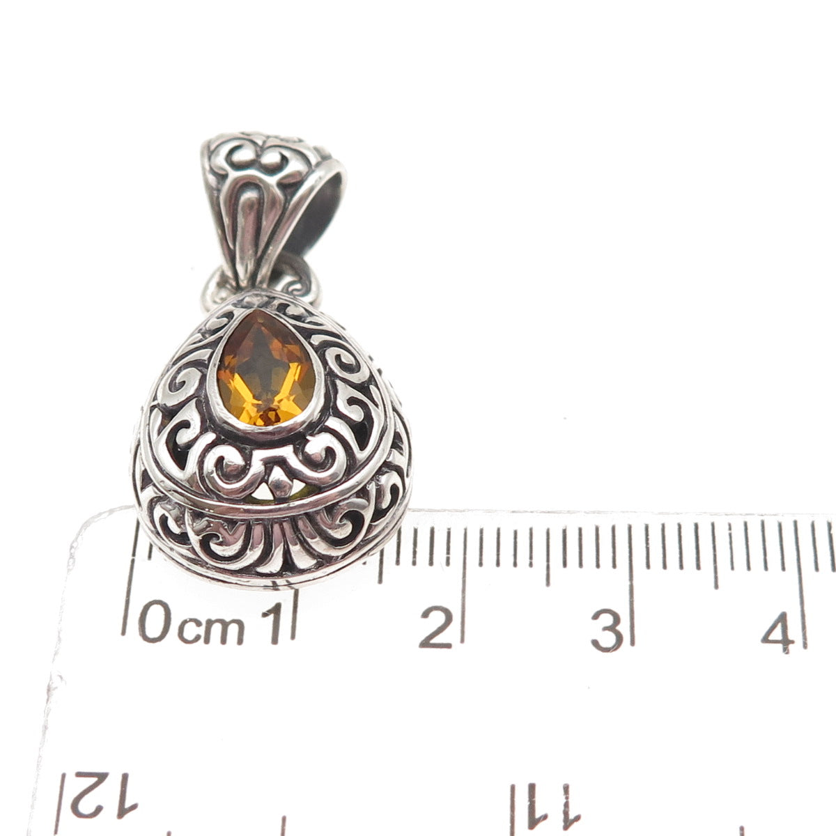 925 Sterling Silver Vintage Real Pear-Cut Citrine Swirl Charm Pendant
