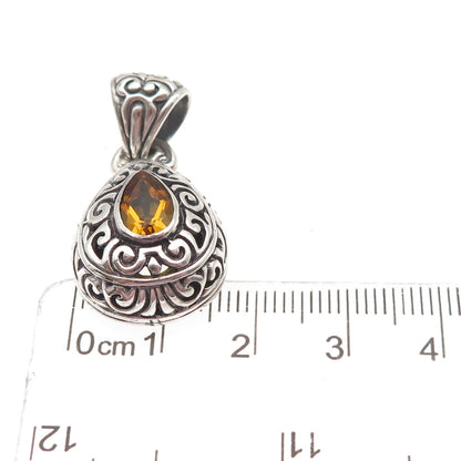 925 Sterling Silver Vintage Real Pear-Cut Citrine Swirl Charm Pendant