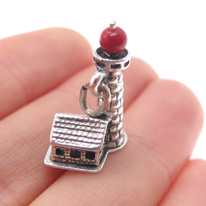 BEAU CRAFT 925 Sterling Antique Art Deco Real Coral Lighthouse Mini 3D Pendant