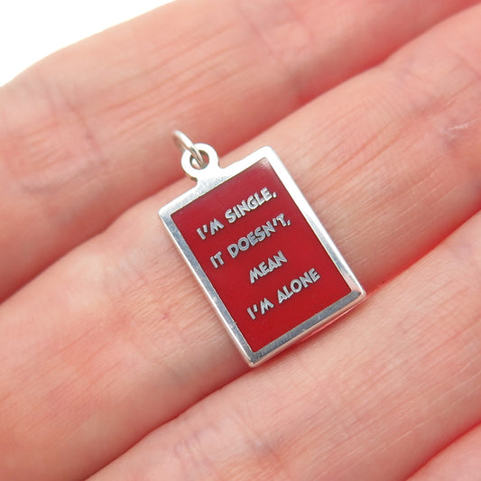 925 Sterling Red Enamel I'm Single It Doesn't Mean I'm Alone Minimalist Pendant