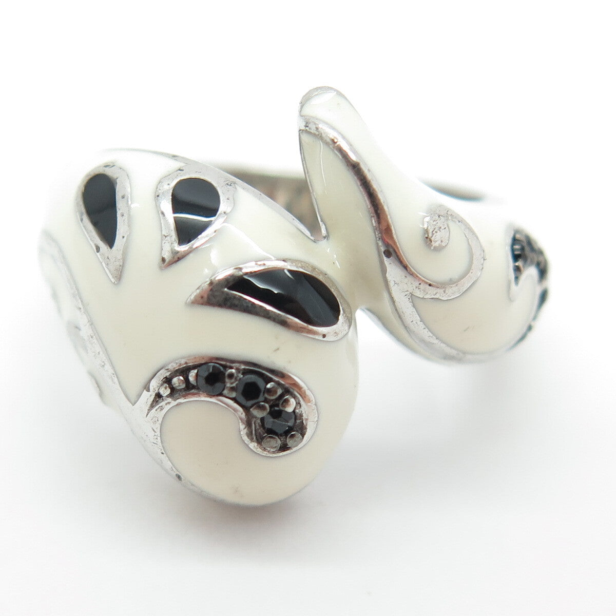 EMA 925 Sterling Silver Enamel & Black Spinel Modernist Ring Size 7