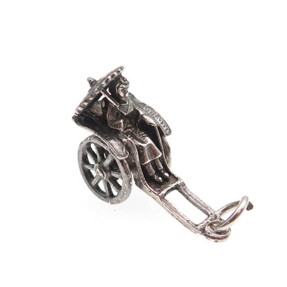 925 Sterling Silver Vintage Rickshaw Carriage Oxidized 3D Mini Charm Pendant
