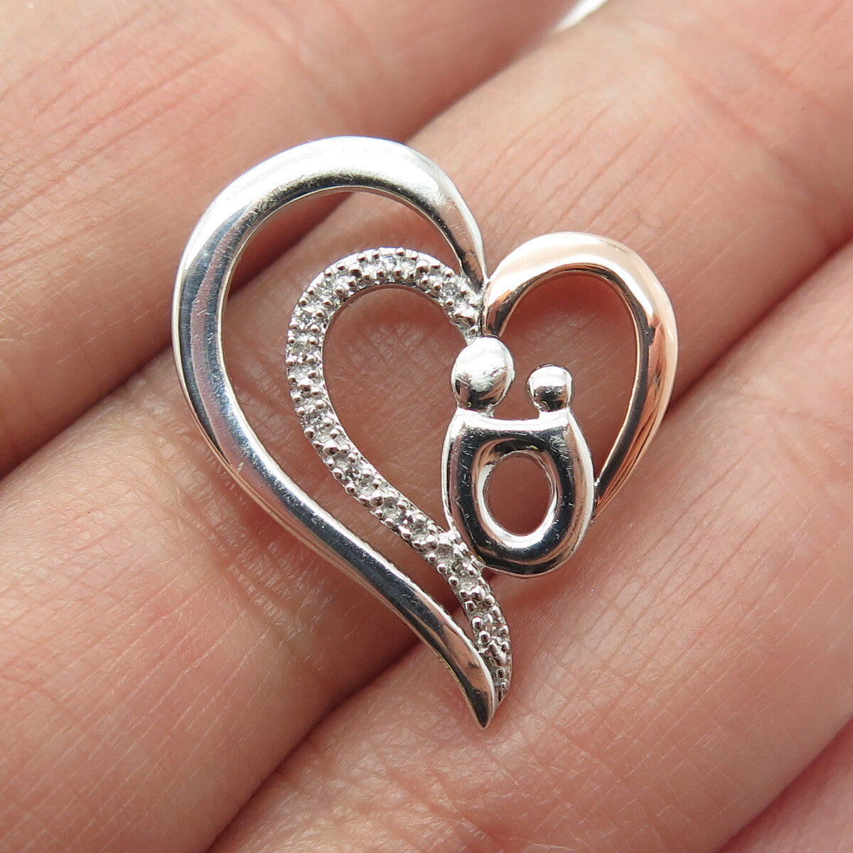 ALWAND VAHAN 10K Rose Gold 925 Sterling Diamond Mom & Chid Heart Slide Pendant