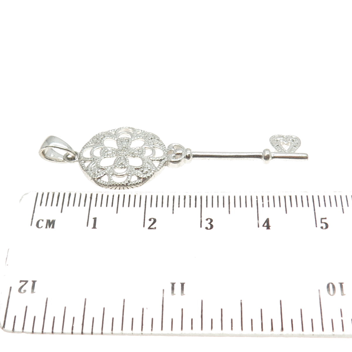 925 Sterling Silver Real White Diamond Ornate Key Pendant