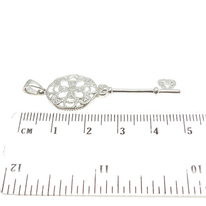 925 Sterling Silver Real White Diamond Ornate Key Pendant