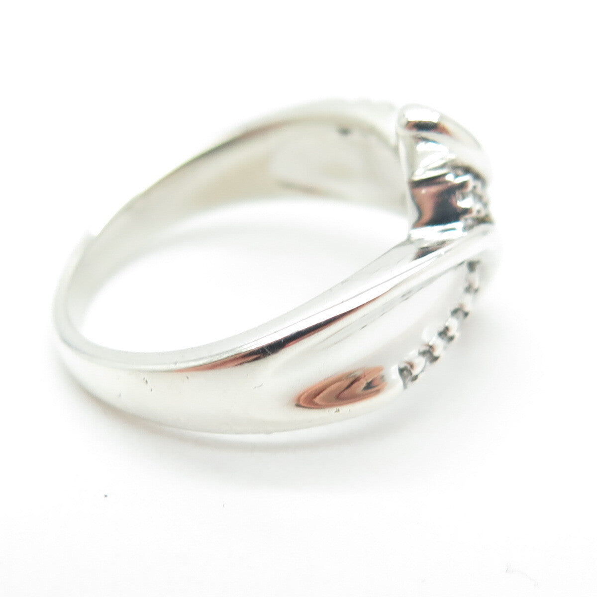 SUN 925 Sterling Silver Real Round-Cut Diamond Bypass Ring Size 7