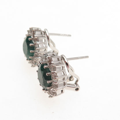 925 Sterling Silver Vintage Real Emerald & White Topaz Omega Back Earrings