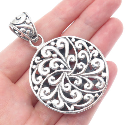 925 Sterling Silver Vintage Floral Ornate Oxidized Round Pendant