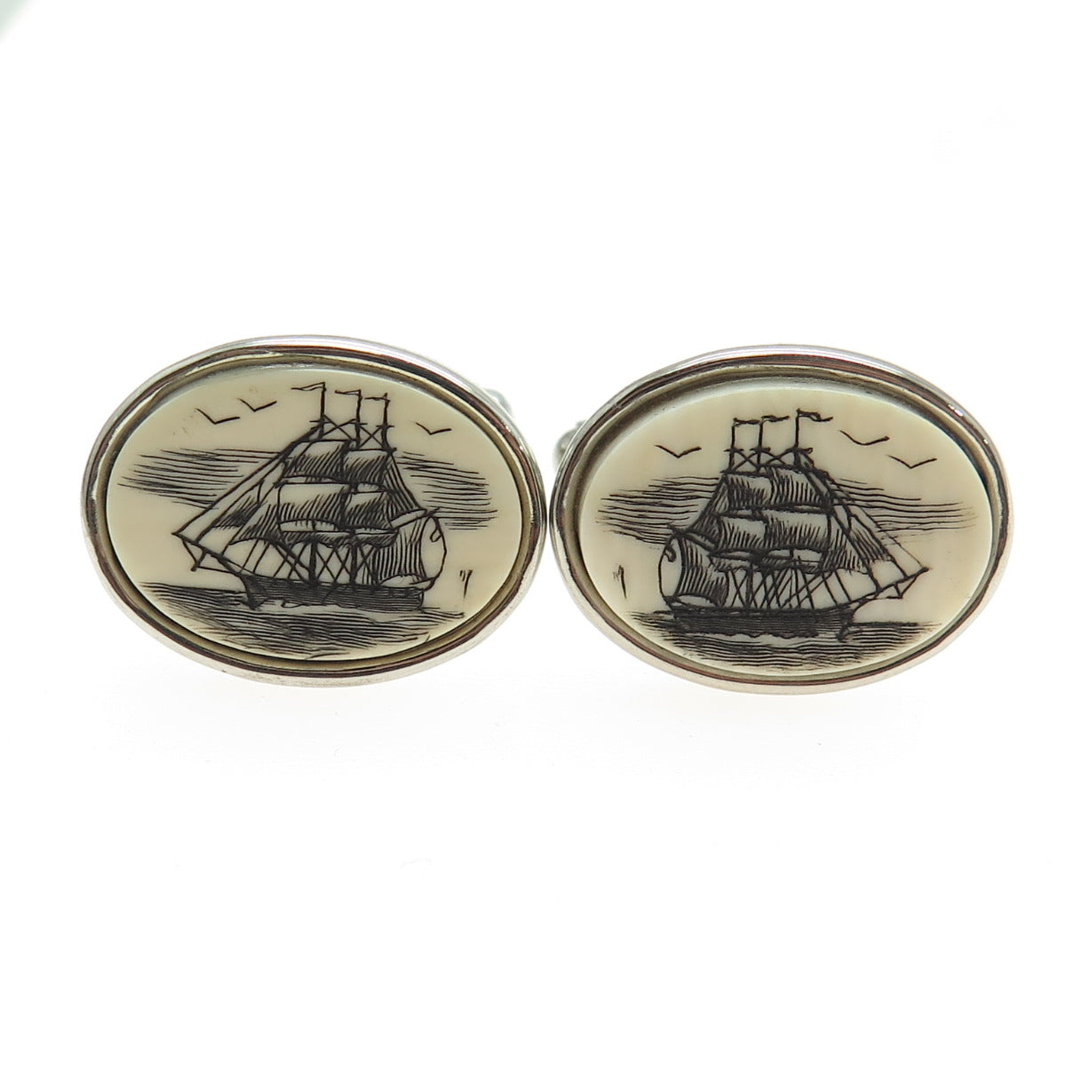 925 Sterling Silver Vintage Carved Ship Oval Cufflinks