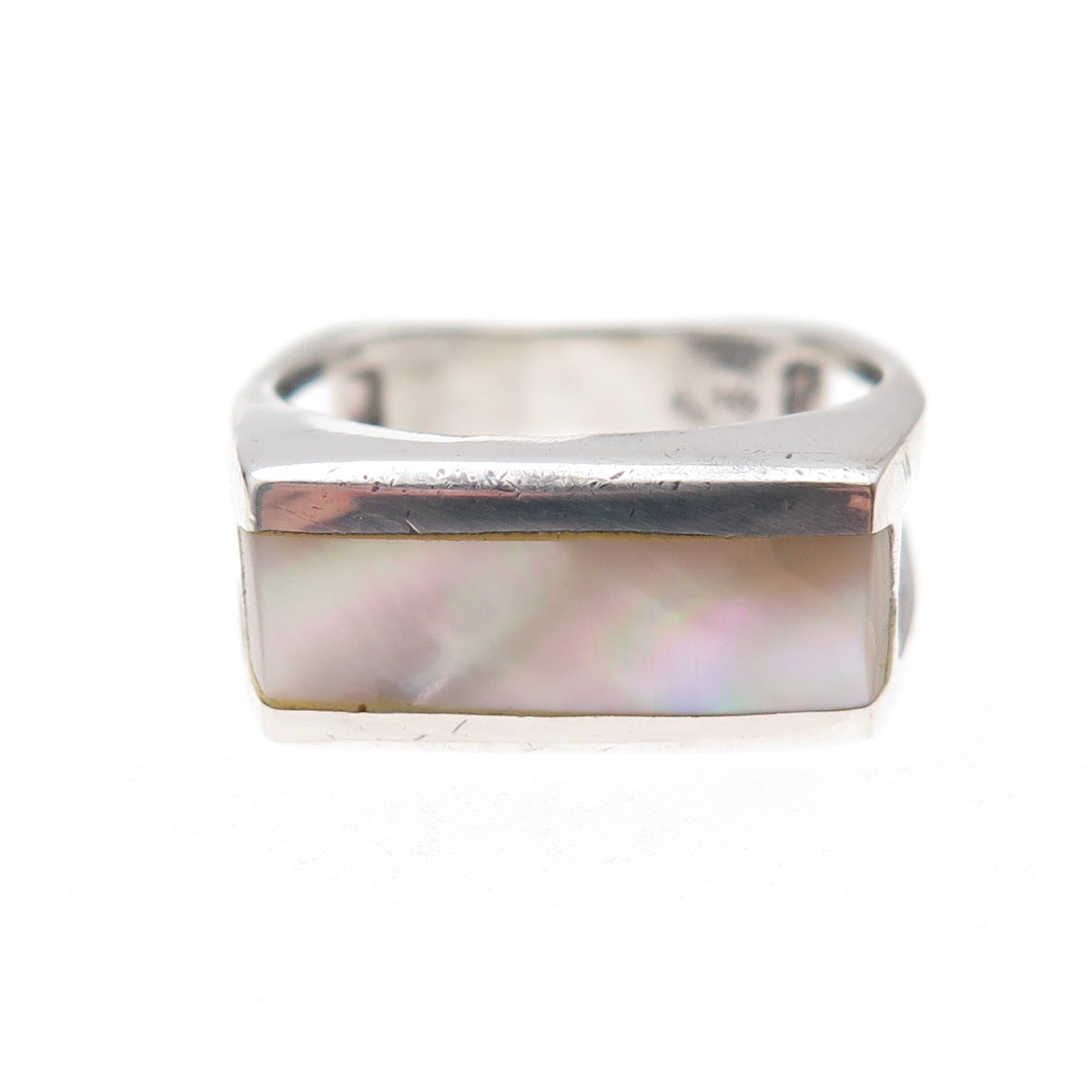925 Sterling Silver Vintage Real MOP Modernist Oxidized Ring Size 7