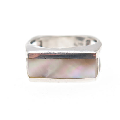 925 Sterling Silver Vintage Real MOP Modernist Oxidized Ring Size 7