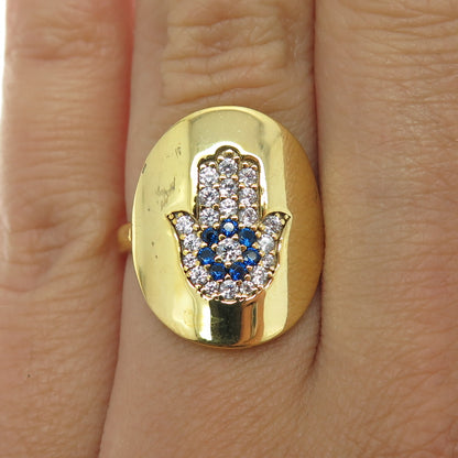 925 Sterling Silver Gold Plated White & Blue C Z Hamsa Hand Ring Size 7