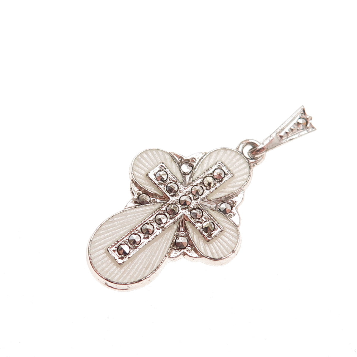 925 Sterling Silver Antique Art Deco Enamel Real Marcasite St Mary Cross Pendant