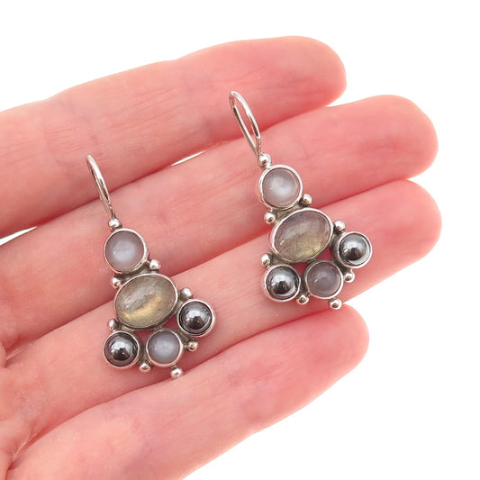925 Sterling Silver Vintage Real Moonstone Labradorite Hematite Dangle Earrings