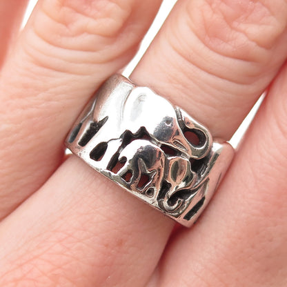 925 Sterling Silver Vintage Elephant Family Oxidized Ring Size 7
