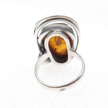 925 Sterling Silver Vintage Real Amber Modernist Calla Lily Ring Size 6.75