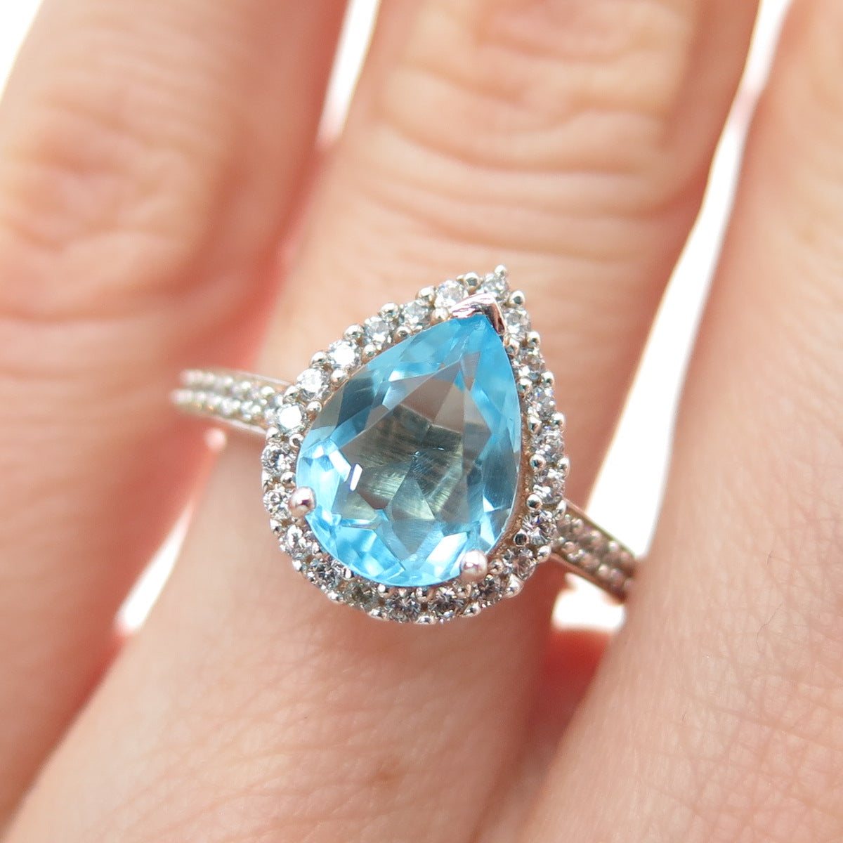 925 Sterling Silver Pear & Round-Cut Blue White C Z Teardrop Ring Size 5.25