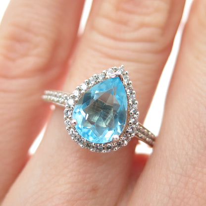 925 Sterling Silver Pear & Round-Cut Blue White C Z Teardrop Ring Size 5.25