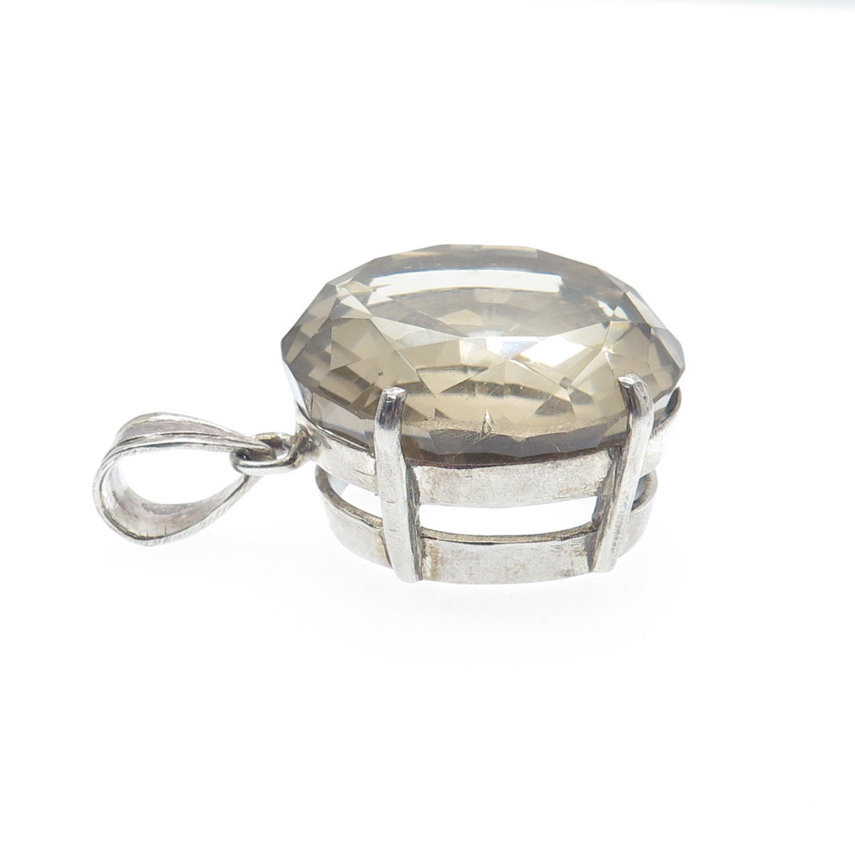 925 Sterling Silver Vintage Real Round-Cut Smoky Quartz Pendant