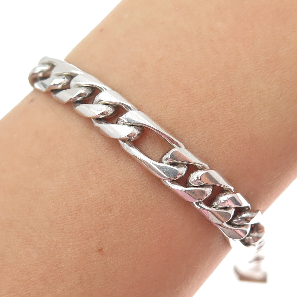 925 Sterling Silver Vintage Mexico Figaro Link Bracelet 8.5"