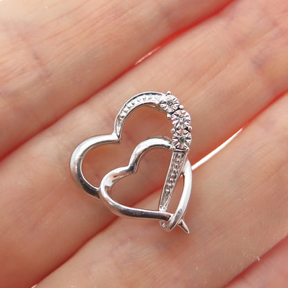 925 Sterling Silver Real Diamond Double Heart Minimalist Slide Charm Pendant