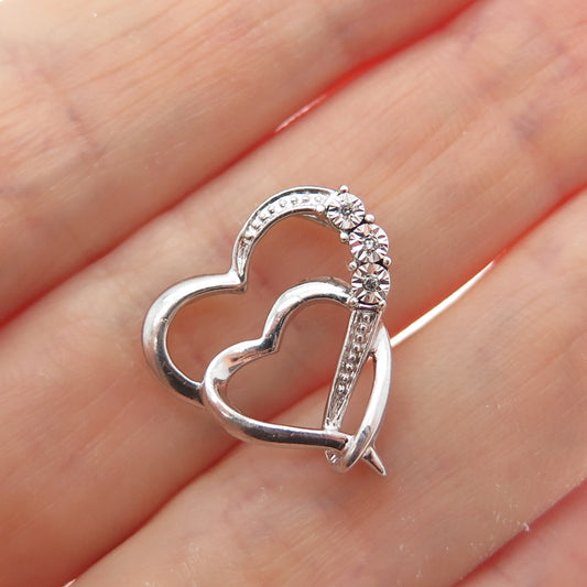 925 Sterling Silver Real Diamond Double Heart Minimalist Slide Charm Pendant