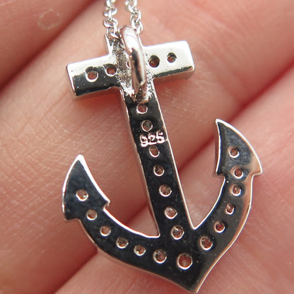 925 Sterling Silver Pave C Z Anchor Pendant Rolo Chain Necklace 18"