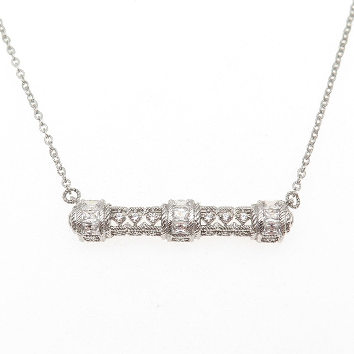 JUDITH RIPKA 925 Sterling Silver C Z Bar Pendant Cable Chain Necklace 18-20"