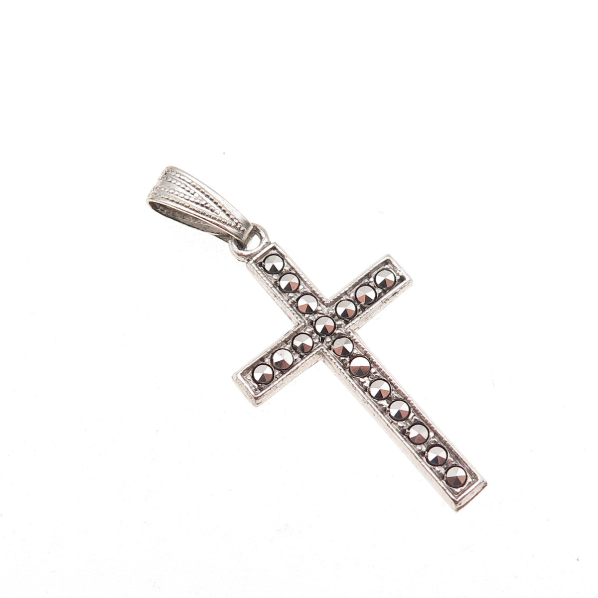 925 Sterling Silver Antique Art Deco Real Marcasite Cross Oxidized Charm Pendant