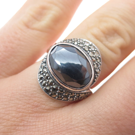 835 Silver Vintage Belgium Real Hematite & Marcasite Ring Size 5