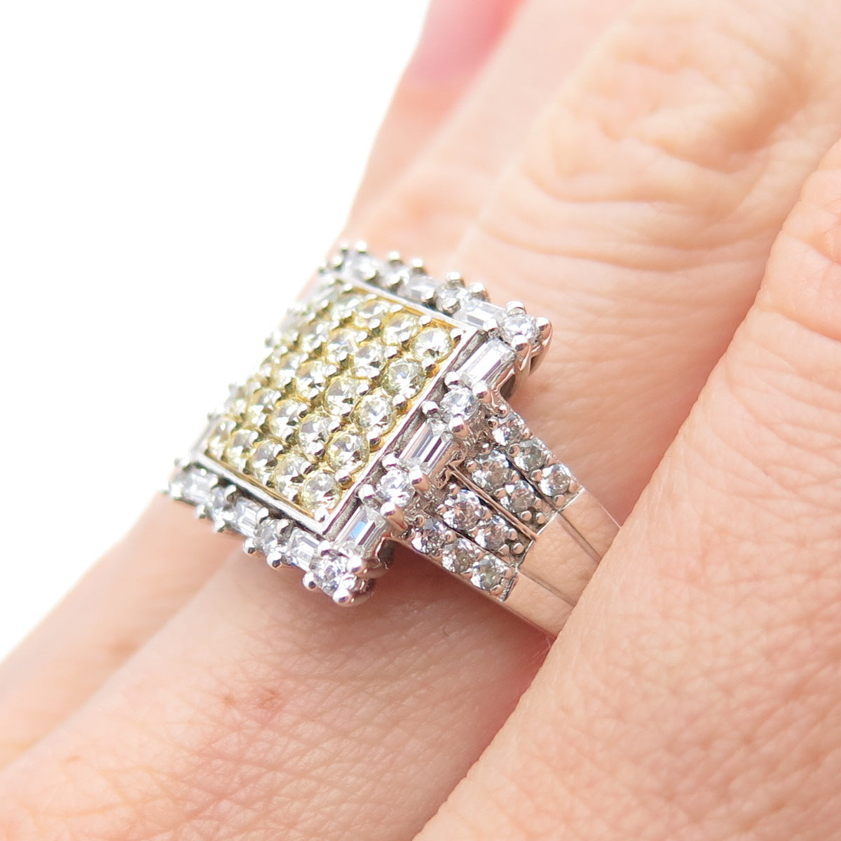925 Sterling Silver 2-Tone Round & Emerald-Cut Canary & White C Z Ring Size 7