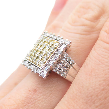 925 Sterling Silver 2-Tone Round & Emerald-Cut Canary & White C Z Ring Size 7