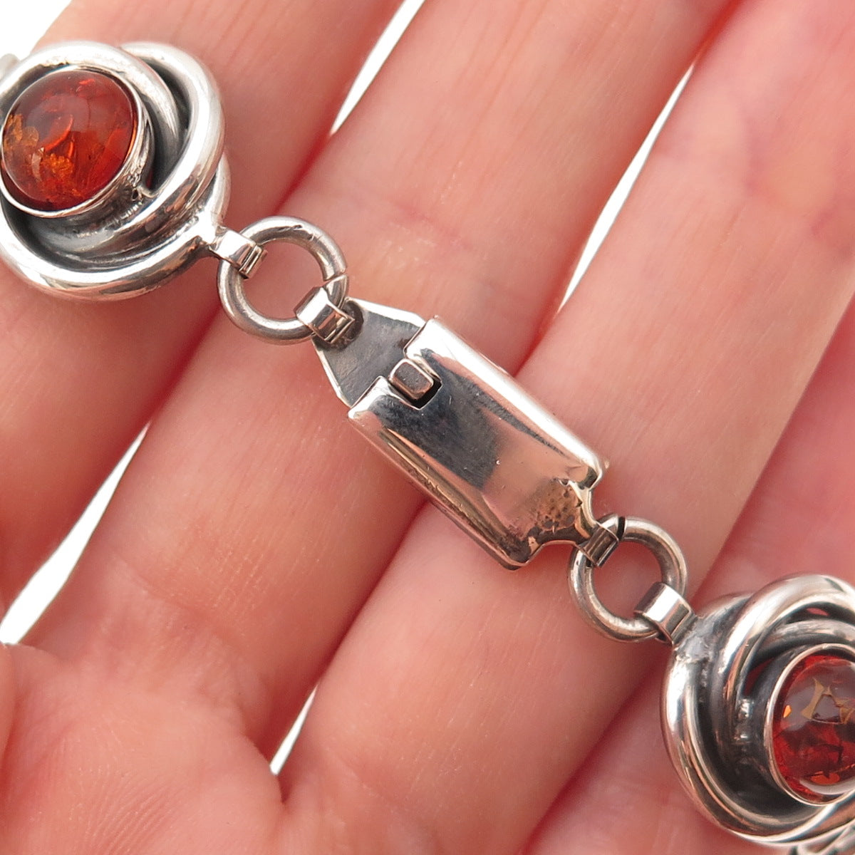 925 Sterling Silver Vintage Mexico Real Amber Trinity Link Bracelet 7.5"